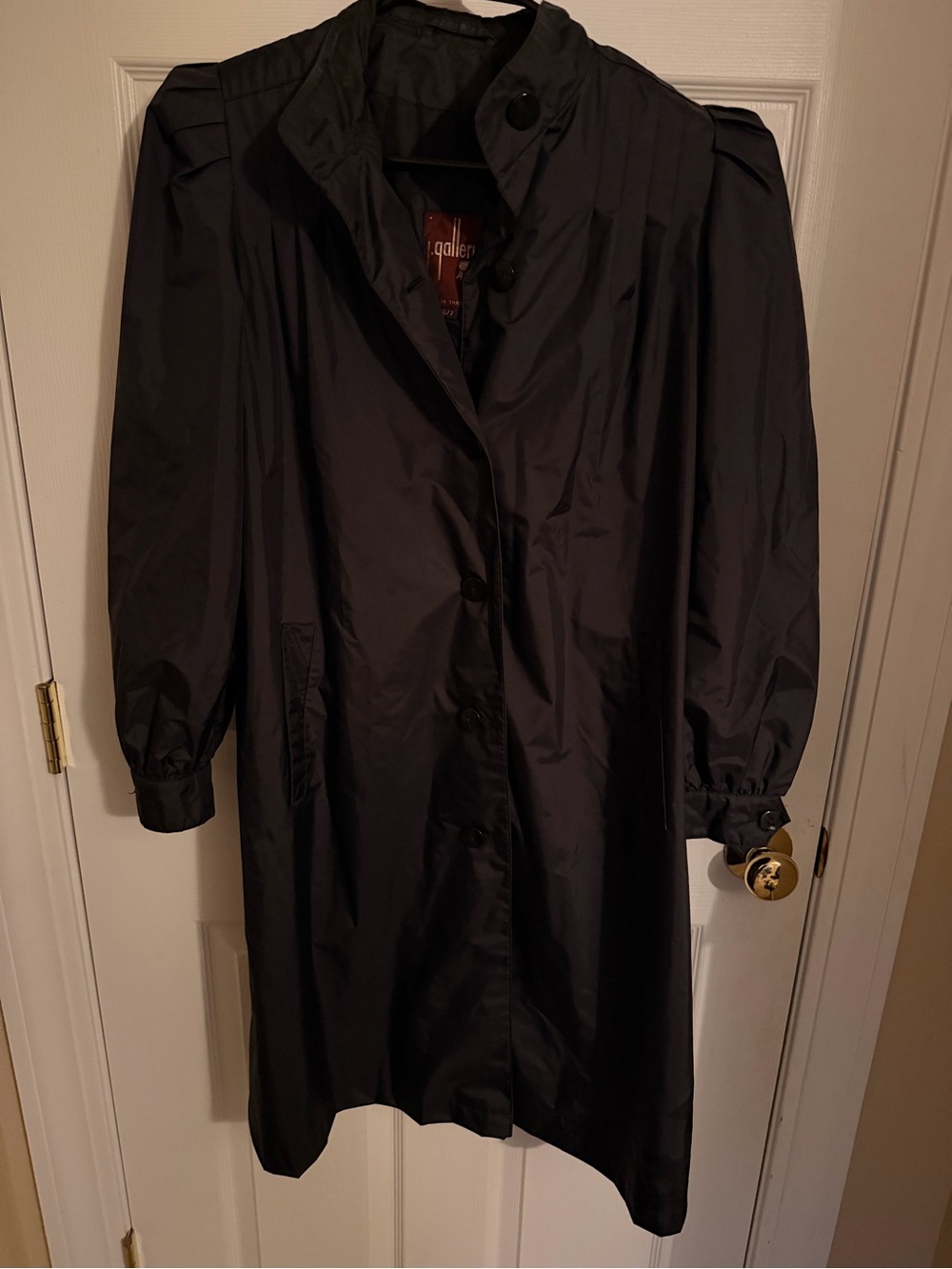Vintage 80s J. Gallery Black Puff Shoulder Maxi Trench Rain Coat Size 6/7